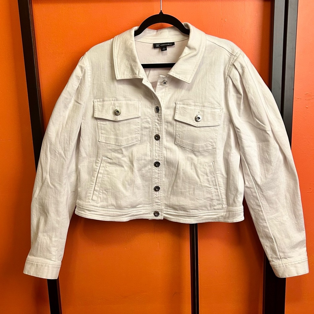INC International Concepts White Denim Jacket XL Cropped Utility Jacket